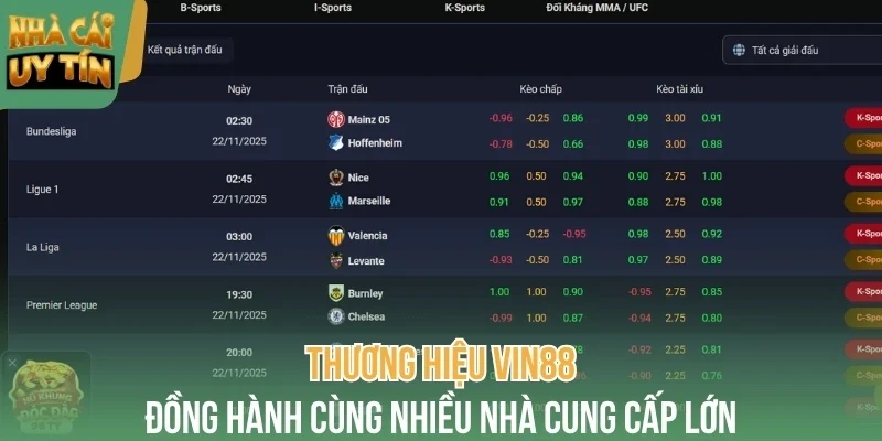 Thương hiệu Vin88 đồng hành cùng nhiều nhà cung cấp kèo cược lớn trong ngành